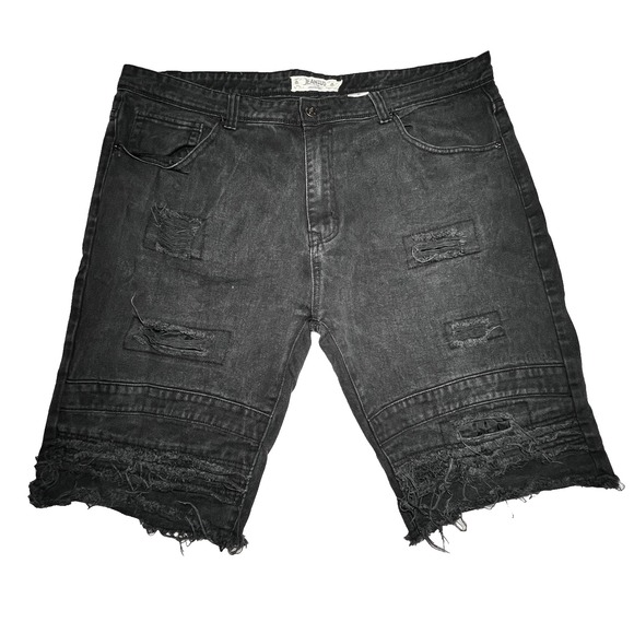 Jeanius Akademiks Jean Shorts Mens 42 Black Distressed Cut off Jeans Grunge Y2K‎ - Picture 1 of 9